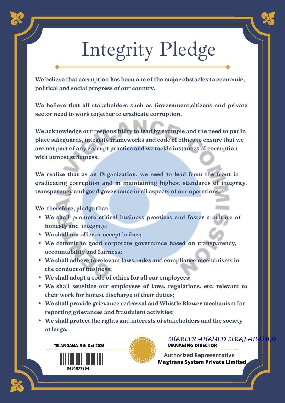 MAGTRANS Systems Official Integrity Pact Certificate
